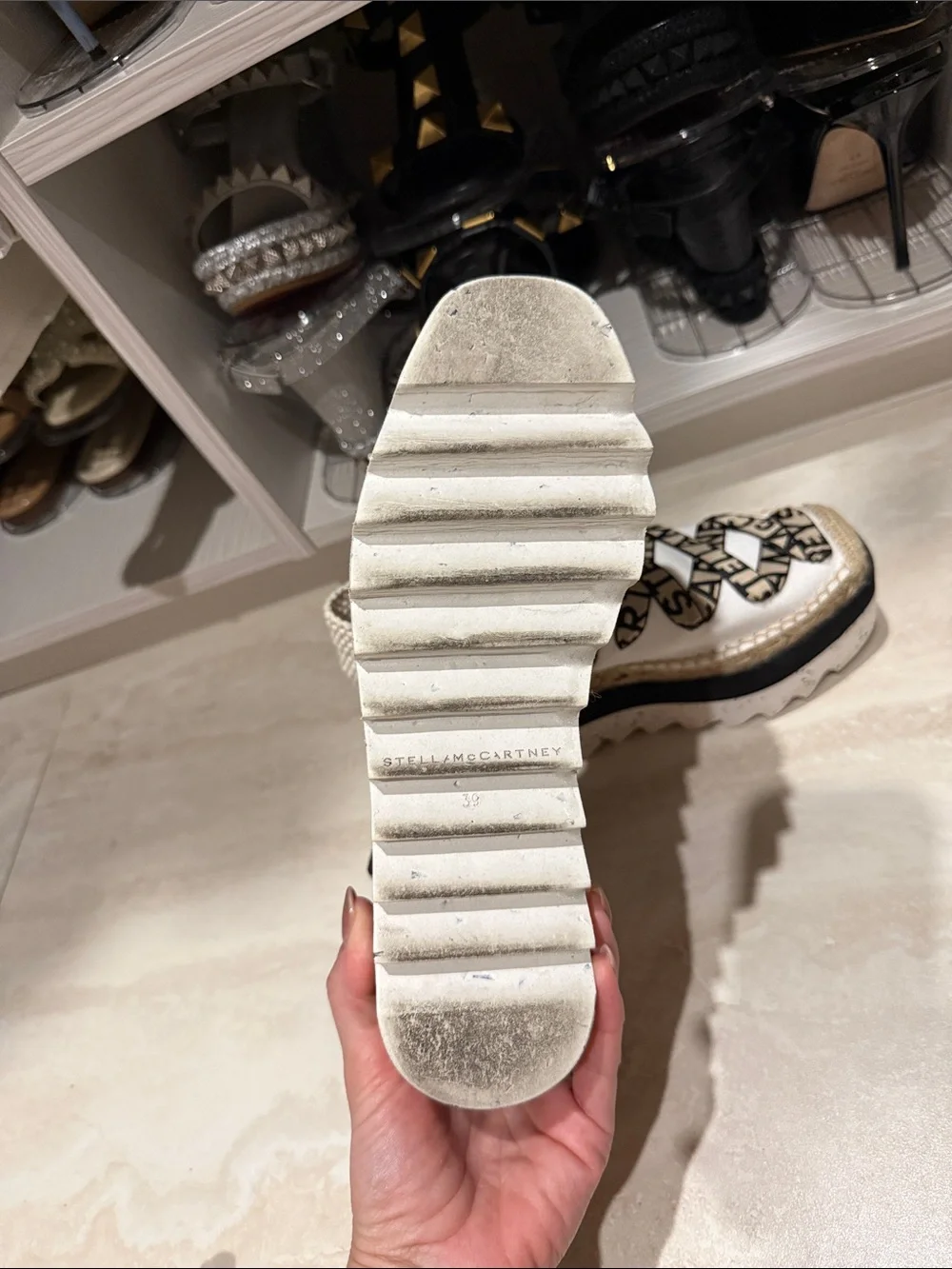 Stella McCartney White Canvas Espadrille Platform Sandals with Black Logo Straps